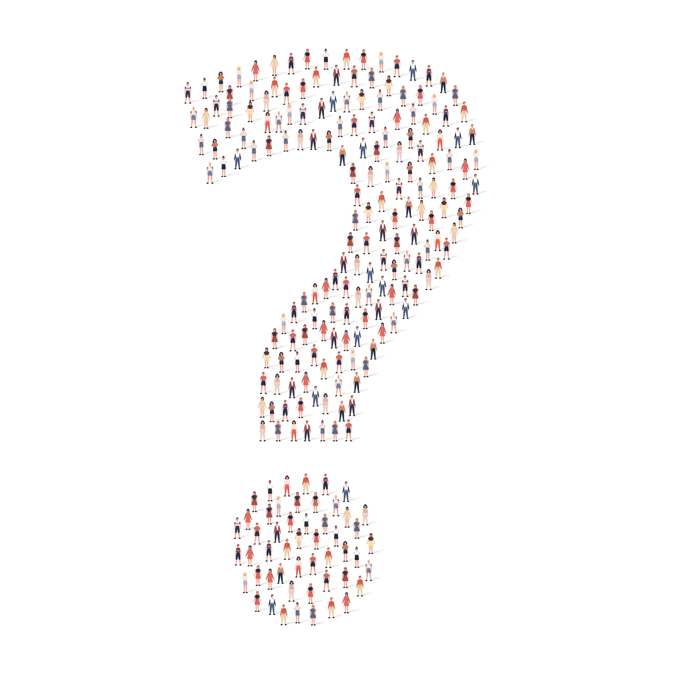large group of people different silhouette crowded together in question mark shape isolated on white background. vector illustration